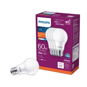 lot 2656 image: Philips LED Light Bulb, A19, Soft White, 60 WE, 4 Ct