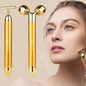 lot 2664 image: 2 in 1 Face Massager Golden Facial Electric 3D Roller and T Shape Arm Eye Nose Massager Skin Care Tools