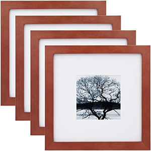 lot 2670 image: Egofine 8x8 Picture Frames 4 Pack - Wood Frames for Picture 4x4 with Mat or 8x8 without Mat, Photo Frames for Table Top and Wall Display, Reddish Brown