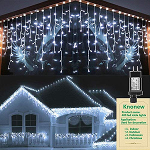lot 2672 image: Knonew Led Icicle Lights, 400 Leds, 32Ft, 8 Modes, Curtain Fairy Light With 75 Drops, Clear Wire Led String Decor For ChristmasThanksgivingEasterHalloweenParty Backdrops Decorations (Cool White)