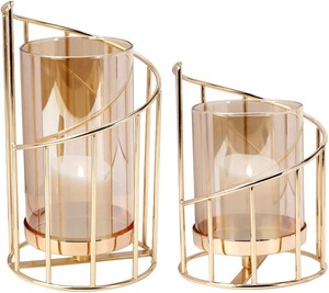 lot 2679 image: Lybile Metal Geometric Candle Holders, Set of 2 Gold Pillar Candle Holder with Removable Glass, Modern Candle Holder Decorative for Table Centerpiece, Home Decor, Living Room, Wedding, Anniversary