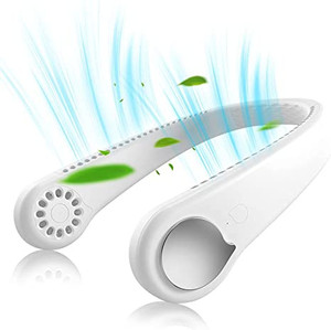 lot 2688 image: White Portable Bladeless Neck fan 360 Degrees, Rechargeable Usb, 48 outlets, Hands Free Hanging Fan, Indoor & Outdoors Sports Gym Running Travel Quite Design, 3 speed 1800mAh battery, leafless (M6)