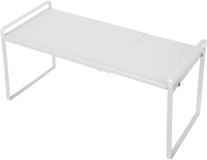 lot 2702 image: Beeloving Expandable Cabinet Shelf Organizer Storage Rack Space Riser for Kitchen Bathroom Pantry Spice Cupboard Countertop Desk Home Office Dish Cup Bottle Pot Metal Plate Heavy Duty Nonslip White