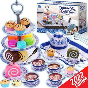 lot 2707 image: Cheffun Tea Party Set for Little Girls - Kids Pretend Play Kitchen Toys Sweet Princess Tea Cup Plastic Toys Play Food with Teapot Tray Cake Gift for Age 3 4 5 6 7 Year Old Toddler Child Girl Boys
