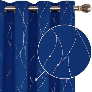 lot 2714 image: Deconovo Blackout Curtains, Eyelet Thermal Insulated Gold Wave Foil Printed Curtains for Kids Bedroom 38 x 84 Inch (Width x Length), Royal Blue, One Pair