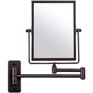 lot 2769 image: Qimh Wall Mounted Makeup Vanity Mirror, 8x6 Inch Rectangular 3X Magnifying with Extendable Arm, Bronze Double-Sided Swivel Mirror