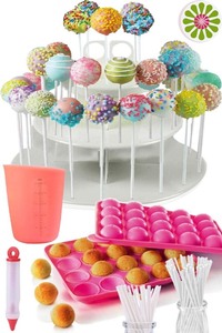 lot 2808 image: Cakes of Eden COMPLETE CAKE POP MAKER KIT - Jam packed with silicone cakepop baking mold, 120 lollipop sticks, candy and chocolate melting pot, decorating pen, bags, twist ties & 3-Tier display stand holder