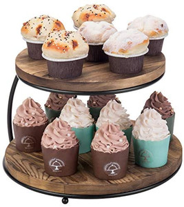 lot 2828 image: MyGift 2-Tier Burnt Wood Cupcake Holder Stand with Black Metal Frame