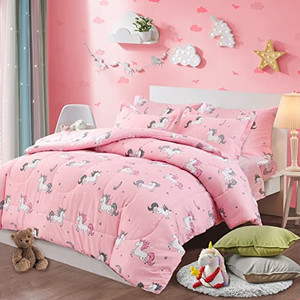 lot 2831 image: UOZZI BEDDING 3 PC Unicorn Comforter Twin Pink with Stars and Rainbows 100% Microfiber Girls 68x88 Unicorns Duvet