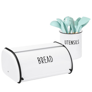 lot 2874 image: Outshine White Vintage Roll Top Bread Box & Kitchen Utensil Holder Set