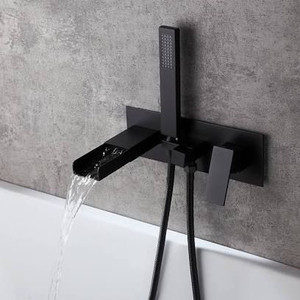 lot 2886 image: Mero Modern Waterfall Wall Mounted Tub Filler Faucet with Handshower in Matte Black Solid Brass