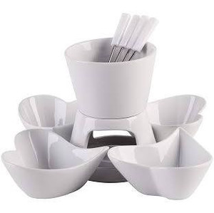 lot 2892 image: HengTianCheng Ceramic Double Layer Fondue Set,Snack Bowl and Forks for 4, Chocolate Fondue,Cheese Fondue or Butter Fondue Set,White (10-Piece)