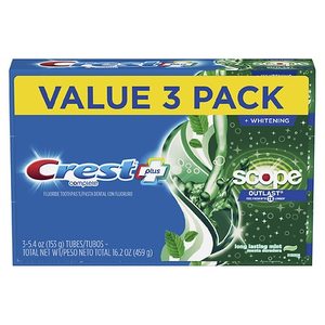 lot 4565 image: Lot of 2 Value Packs  6 Total Tubes - Crest Plus Scope Outlast Complete Whitening Toothpaste, 5.4 oz - 2 Flavors... Minty Fresh Striped & Long Lasting Mint