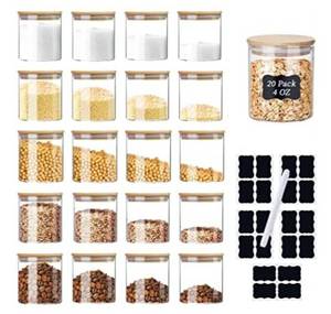 lot 4630 image: Spice Jars 20 Pack, XSIUYU 4 OZ Glass Storage Jars with Bamboo Airtight Lids, Labels and Pen, Dishwasher Safe, Food Storage Jars Kitchen Canister for Home Pantry Tea Coffee Flour Herbs Beans Salt Grains Sugar (20 Pack-4oz)