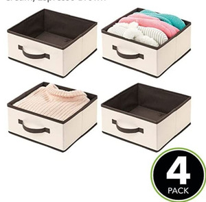 lot 4639 image: mDesign Soft Fabric Modular Closet Organizer Box with Handle for Cube Storage Units in Closet, Bedroom to Hold Clothing, T-Shirts, Leggings, Accessories - Textured Print, 4 Pack - CreamEspresso Brown