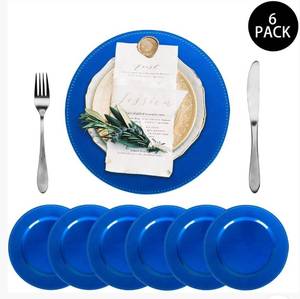 lot 4640 image: Blue Charger Plates, Round Dinner Charger with Beaded, 13 Inch Plastic Plate Chargers for Wedding, Table Decor, Set of 6