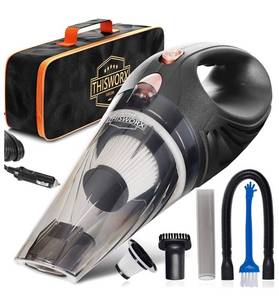 lot 6002 image: unable to test, car plug in THISWORX Car Vacuum Cleaner - Portable, High Power, Mini Handheld Vacuum w 3 Attachments, 16 Ft Cord & Bag - 12v, Small Auto Accessories Kit for Interior Detailing - Black