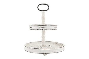 lot 6866 image: Creative Co-op EC0125 Distressed Wood 2-Tier Tray with Metal Handle, Cream