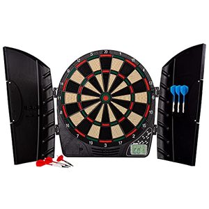 lot 6888 image: Franklin Sports Electronic Dart Board Set - Soft Tip Electric Dartboard with Digital Scoreboard  Cabinet - Adults  Family Set - (6) Darts Included - FS3000, Black