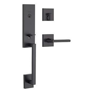 lot 6890 image: Kwikset Vancouver Low Profile Front Lock Handleset with Microban Including Slim Modern Halifax Door Lever Handle Featuring SmartKey Security, Iron Black 98180-015