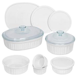 lot 6896 image: CorningWare French White 12 Piece Ceramic Bakeware Set  Microwave, Oven, Fridge, Freezer, and Dishwasher Safe  Resists Chipping and Cracking  Doesnt Absorb Food Odors and Stains