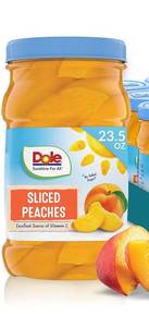 lot 11455 image: Dole Yellow Cling Sliced Peaches in 100% Fruit Juice, 23.5 Oz Resealable Jars, Qty 5