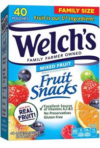 lot 11473 image: Welchs Fruit Snacks, Mixed Fruit, Gluten Free, Bulk Pack, 0.9 oz Individual Single Serve Bags 40 Count (Pack of 1) - Lot of 2