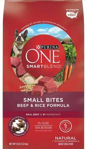 lot 11483 image: Purina ONE SmartBlend Natural Adult Beef & Rice Small Bites Dry Dog Food - 8 lbs Bag