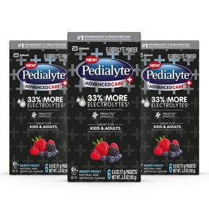 lot 12358 image: Pedialyte AdvancedCare Plus Electrolyte Powder, with 33% More Electrolytes and PreActiv Prebiotics, Berry Frost, Electrolyte Drink Powder Packets, 0.6 oz, 18 Count - Lot of 3