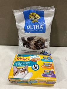 lot 12363 image: Cat Pack Dr. Elseys Cat Ultra Unscented Clumping Clay Cat Litter, 18lb Bag  Friskies Tasty Treasures Prime Filets 12 Cans