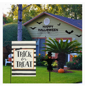 lot 16584 image: Lot Of 5 - Halloween Garden Flag Trick or Treat Stripe Garden Flag Vertical Double Sided Farmhouse House Flag for Home Fall Halloween Party Decor, 12.5 x 18 Inch