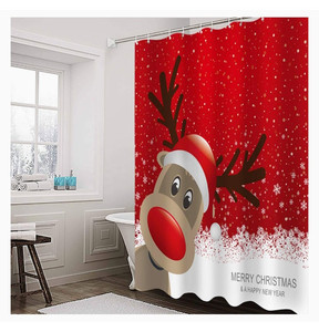 lot 16586 image: Waterproof Polyester Shower Curtain with Christmas Reindeer Merry Christmas Happy New Year