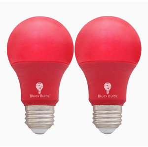 lot 16608 image: Bluex Bulbs 2 Pack Bluex LED A19 Red Light Bulb - 9W (60Watt Equivalent) - E26 Base Red LED Lights, Party Decoration, Porch, Home Lighting, Holiday Lighting, Decorative Illumination