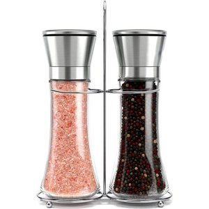 lot 16632 image: Original Stainless Steel Salt and Pepper Grinder Set With Stand - Tall Salt and Pepper Shakers with Adjustable Coarseness - Salt Grinders and Pepper Mill Shaker Set
