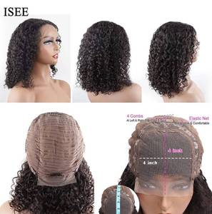 lot 17541 image: ISEE Short Bob Wigs 4x4 Lace Closure Human Hair Wigs Brazilian Curly Lace Front Wigs Pre Plucked Natural Black Color- Wigs 12 Inches