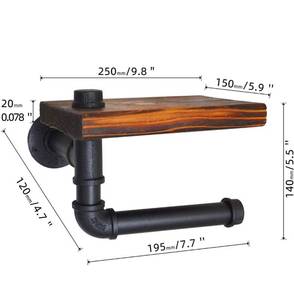 lot 17554 image: Toilet Paper Holder with Shelf Rustic Wooden Shelf and Black Iron Pipe Hardware Paper Towel Holder Wall Mount for Bathroom Washroom