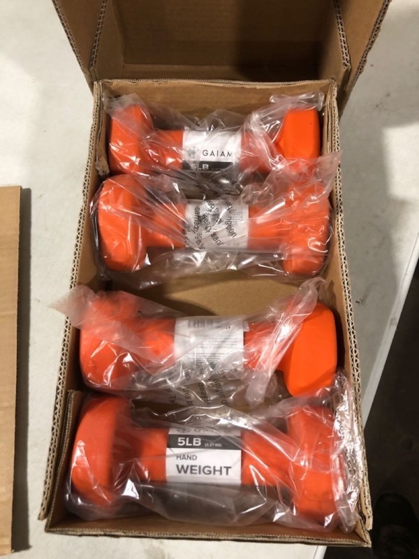 lot 9001 image: Gaiam Neoprene Dumbbell, Orange, 5 Lbs, Set of 4 weights