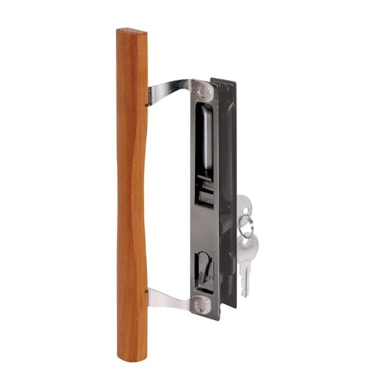 lot 9040 image: Sliding Glass Door Handle Set, 6-58 in., Diecast and Wood, Hook Style, Flush Mount, Keyed