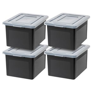 lot 1313 image: IRIS USA Letter and Legal Size File Box, 4 Pack, Black (one lid edge is cracked rest is good)