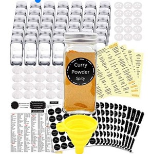 lot 1318 image: 42 Glass Spice Jars Complete Set 667 Chalkboard & Clear Printed Spice & Pantry Labels - 4 fl Oz Empty Square Bottles wPourSift & Coarse Shakers & Airtight Cap - Silicone Funnel by KITCHEN ALMIGHTY