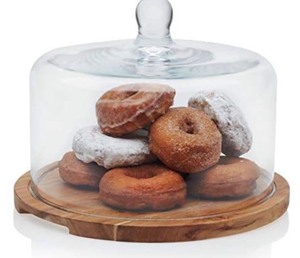 lot 1346 image: Libbey Acaciawood Flat Round Wood Server Cake Stand with Glass Dome