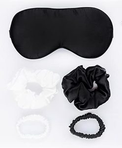 lot 1355 image: Chia Home Mulberry Silk Sleep Eye Mask Blindfold with 4 Comfortable Hair Scrunchies, Seat for Night Sleeping, Travel, Nap,Black