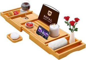 lot 1364 image: Luxury Bathtub Caddy Tray, 1 or 2 Person Bath and Bed Tray, Bath Tub Table Caddy with Extending Sides - Free Soap Dish (Natural)