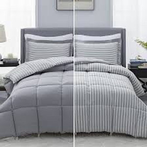 lot 1375 image: Bedsure King Size Comforter Set - Percale Stripes Down Alternative Grey Comforter Sets Box Stitching Gray Duvet Insert, All Season Bed Set with 2 Pillow Shams (King, 102x90, 3 Pieces) - dirty from warehouse but new condition