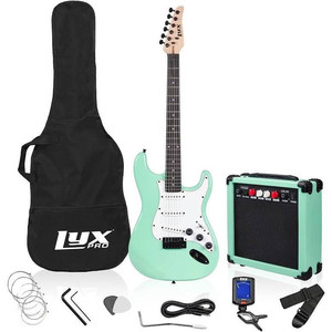 lot 1381 image: LyxPro 39 inch Electric Guitar Kit Bundle with 20w Amplifier, All Accessories, Digital Clip On Tuner, Six Strings, Two Picks, Tremolo Bar, Shoulder Strap, Case Bag Starter kit Full Size - Green