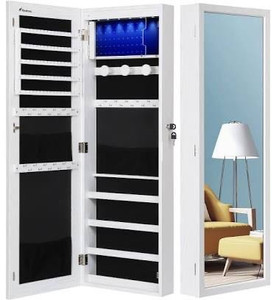 lot 1387 image: Nicetree 6 LEDs Jewelry Armoire Organizer, WallDoor Mounted Jewelry Cabinet with Full Length Mirror, Larger Capacity, Dressing Mirror, White