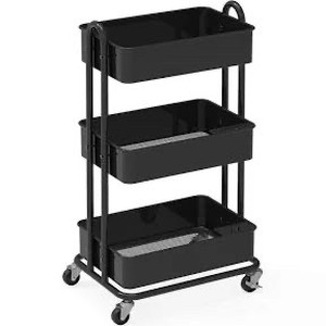 lot 1407 image: SimpleHouseware Heavy Duty 3-Tier Metal Utility Rolling Cart, Black