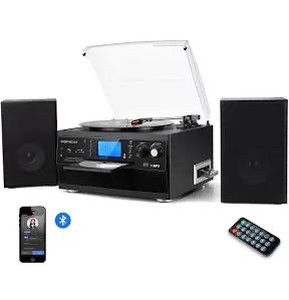 lot 1409 image: DIGITNOW Bluetooth Record Player Turntable with Stereo Speaker, LP Vinyl to MP3 Converter with CD, Cassette, Radio, Aux in and USBSD Encoding, Remote Control, Audio Music Player Built in Amplifier