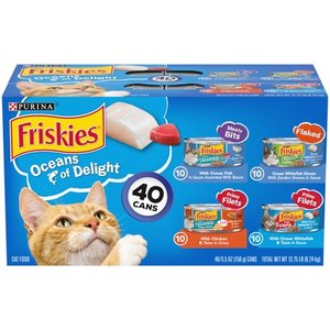 lot 1417 image: (40 Pack) Friskies Wet Cat Food Variety Pack, Oceans of Delight Meaty Bits, Flaked & Prime Filets, 5.5 oz. Cans