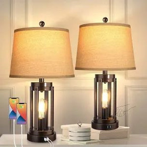 lot 1427 image: Set of 2 Table Lamps with USB Ports, 3-Way Dimmable Farmhouse Touch Lamps, Bedside Lamp for Bedroom with AC Outlet, Modern Black Nightstand Lamps Desk Lamp for Living Room Reading, Bulbs Included